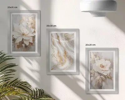 3-Piece wall art set with flowers and abstract marble pattern