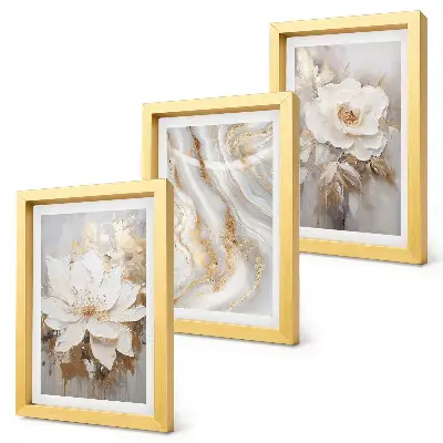 3-Piece wall art set with flowers and abstract marble pattern