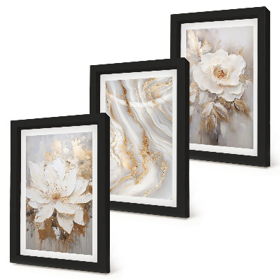 3-piece wall art set Flowers and abstract marble pattern