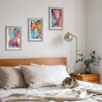 Colorful paint abstractions triptych with dynamic patterns in a framed design