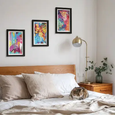 Colorful paint abstractions triptych with dynamic patterns in a framed design