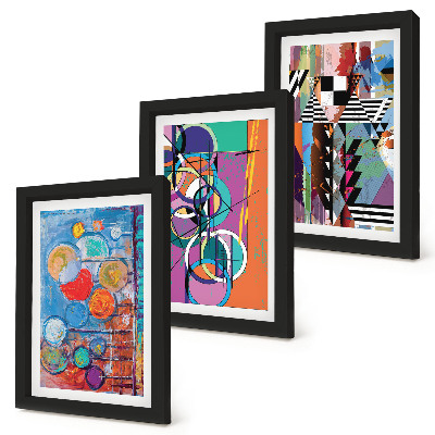3-piece wall art set Colorful abstractions with circles and geometric patterns