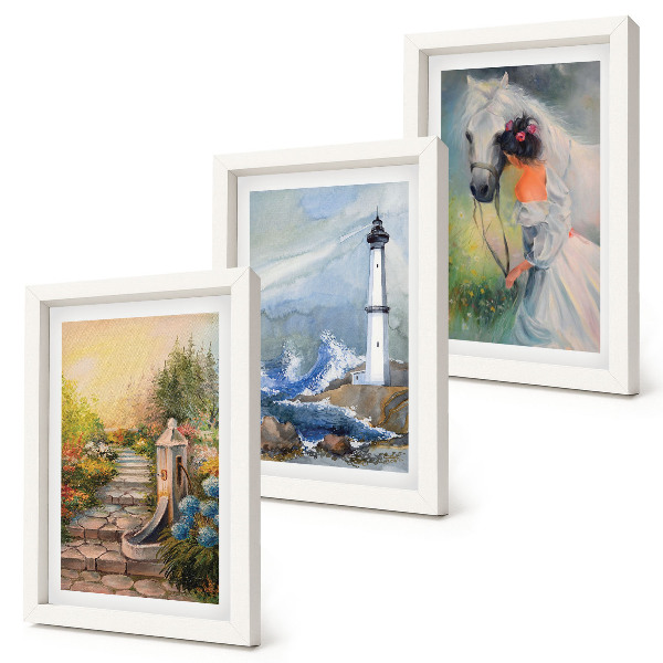 Framed triptych Nature sceneries lighthouse and girl with horse