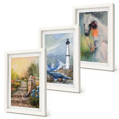 Framed lighthouse and girl with horse nature scenery triptych three-piece wall art set