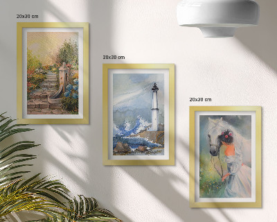 Framed triptych Nature sceneries lighthouse and girl with horse