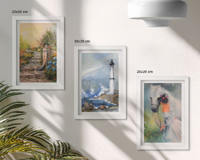 Framed triptych Nature sceneries lighthouse and girl with horse