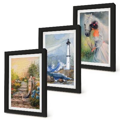 Framed triptych Nature sceneries lighthouse and girl with horse