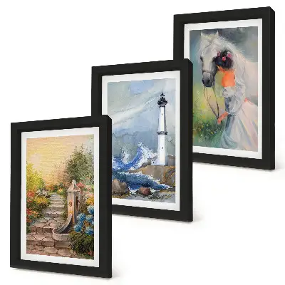 Framed lighthouse and girl with horse nature scenery triptych three-piece wall art set