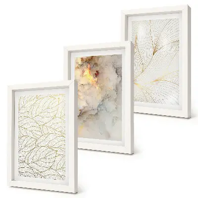 Linear leaf patterns abstract marble framed triptych