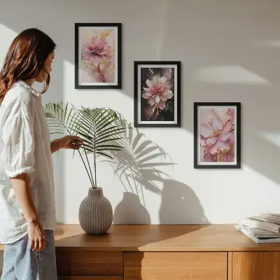 Floral compositions in shades of pink and white framed triptych