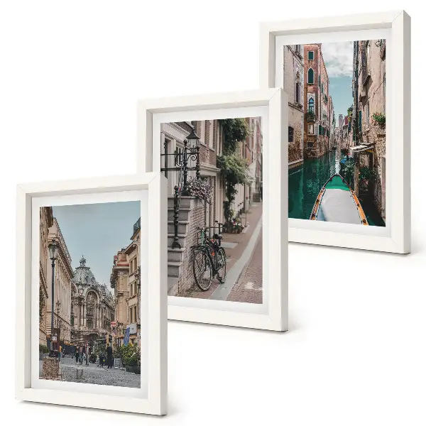 3-piece wall art set depicting Venetian city streets with architecture and water