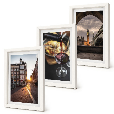 Photo frame wall A set of pictures with a city, food, and a view of London