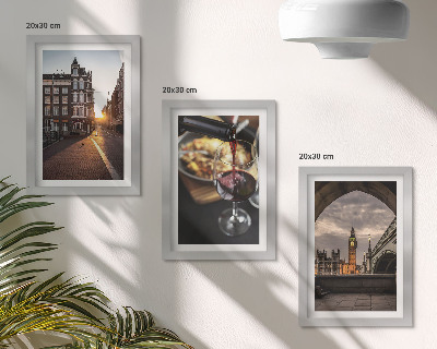 Photo frame wall A set of pictures with a city, food, and a view of London
