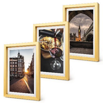 Photo frame wall A set of pictures with a city, food, and a view of London