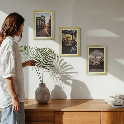 Photo frame wall set with city, food, and London landscape prints