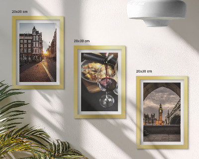 Photo frame wall A set of pictures with a city, food, and a view of London
