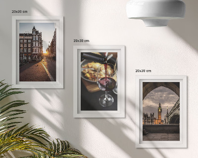 Photo frame wall A set of pictures with a city, food, and a view of London