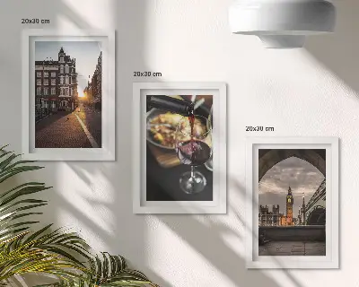 Photo frame wall set with city, food, and London landscape prints