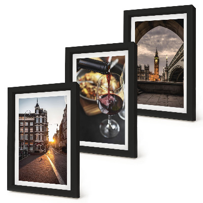 Photo frame wall A set of pictures with a city, food, and a view of London