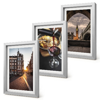 Photo frame wall A set of pictures with a city, food, and a view of London