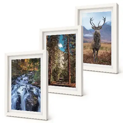 Waterfall in the forest with mountains and deer triptych wall art framed multi-panel print