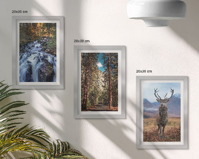 Framed triptych Waterfall in the forest, mountains and deer in nature