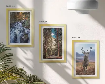 Waterfall in the forest with mountains and deer triptych wall art framed multi-panel print
