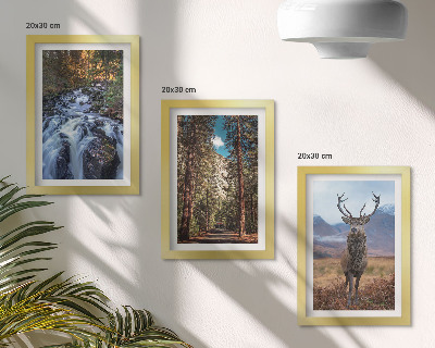 Framed triptych Waterfall in the forest, mountains and deer in nature