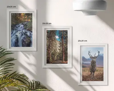 Waterfall in the forest with mountains and deer triptych wall art framed multi-panel print