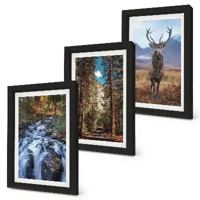 Waterfall in the forest with mountains and deer triptych wall art framed multi-panel print