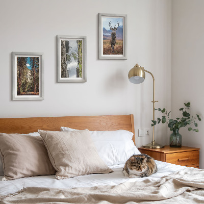 3-piece wall art set Road in the forest, mountains and deer in nature