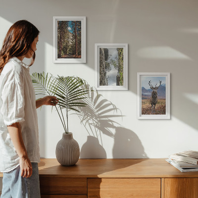 3-piece wall art set Road in the forest, mountains and deer in nature