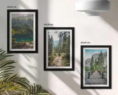 Photo frame wall featuring nature landscapes of mountains lakes forests and paths