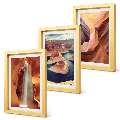 Framed triptych Waterfall in the gorge rock formations in the canyon