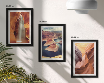 Framed triptych Waterfall in the gorge rock formations in the canyon