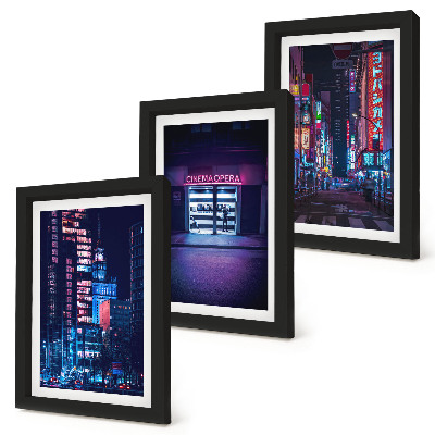Photo frame wall Night city with neon lights and a cinema entrance