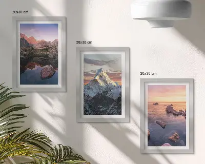 Mountain landscapes triptych with water and rocks in the background, framed