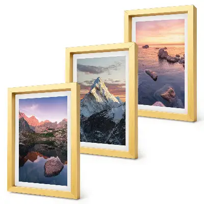 Mountain landscapes triptych with water and rocks in the background, framed