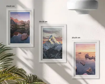 Mountain landscapes triptych with water and rocks in the background, framed