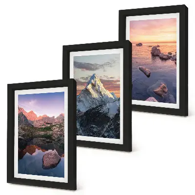 Mountain landscapes triptych with water and rocks in the background, framed
