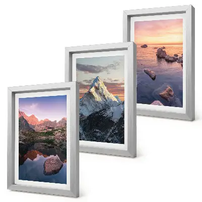 Mountain landscapes triptych with water and rocks in the background, framed