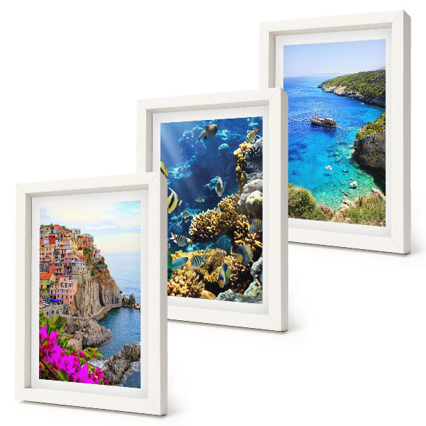 3-piece wall art set Seaside views with colorful houses and a coral reef