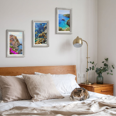 3-piece wall art set Seaside views with colorful houses and a coral reef