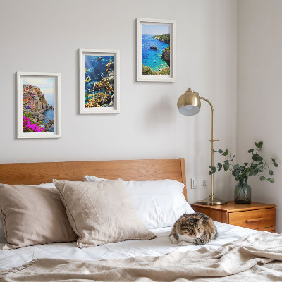 3-piece wall art set Seaside views with colorful houses and a coral reef