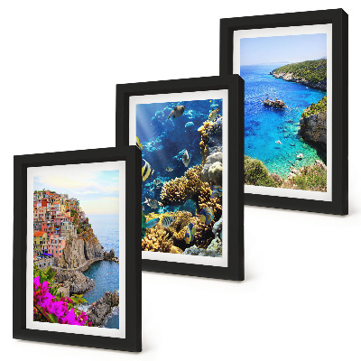 3-piece wall art set Seaside views with colorful houses and a coral reef