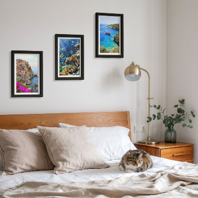 3-piece wall art set Seaside views with colorful houses and a coral reef
