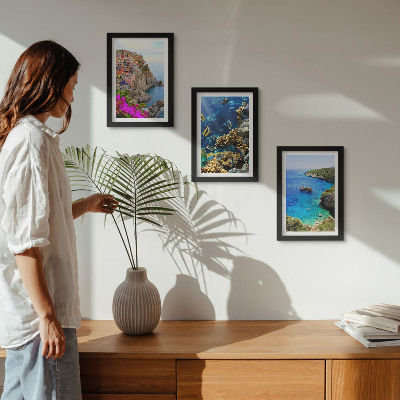 3-piece wall art set Seaside views with colorful houses and a coral reef