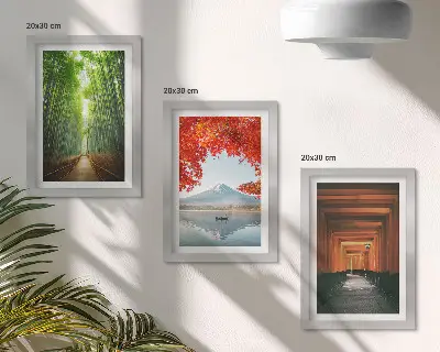 Photo frame wall featuring a bamboo forest mountain path and Japanese landscape scenery