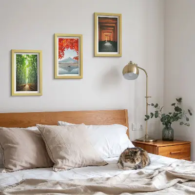 Photo frame wall featuring a bamboo forest mountain path and Japanese landscape scenery