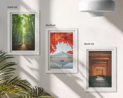 Photo frame wall featuring a bamboo forest mountain path and Japanese landscape scenery
